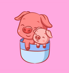 Two Pink Pig Is Sleeping On Blue Tea Cup