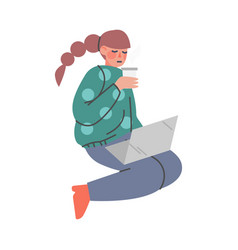 Puzzled Woman Character Sitting With Laptop