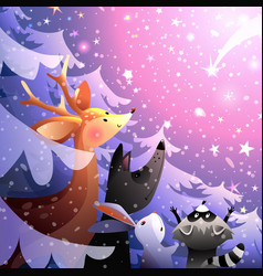 Winter Night Animals In Woods And Shooting Star