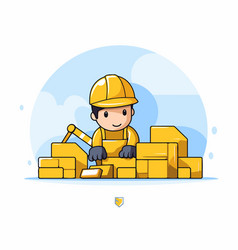 Cartoon Construction Worker Building A Brick Wall