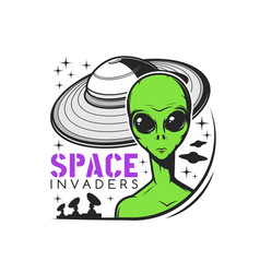 Space Invaders Icon With Green Alien And Starship