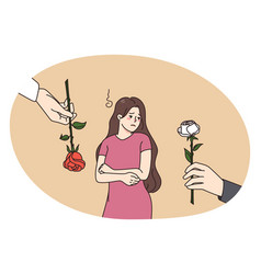 Upset Woman Refuse From Flowers Offered By Men