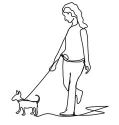 Woman Walks With Dog One Line Draw