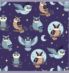 Seamless Pattern With Night Owls Moon And Stars