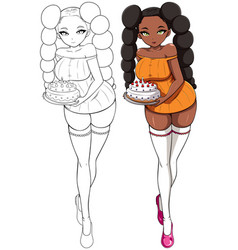 Anime Black Girl With Birthday Cake On White