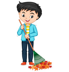 Boy Raking Leaves On Isolated Background