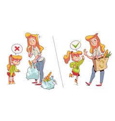 Mom And Daughter Use An Eco Bag Or A Plastic