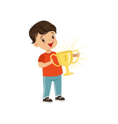 Boy cartoon holding gold trophy Royalty Free Vector Image