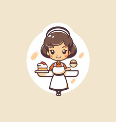 Cute Little Girl In Apron Holding A Tray Of Cakes