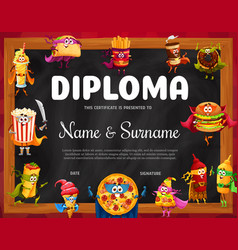 Kids Diploma With Fast Food Cafe Meals Characters