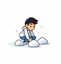 Sad Boy Sitting On A Pile Of Stones In Cartoon