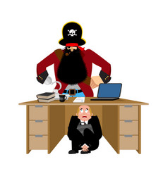 Businessman Scared Under Table Of Pirate To Hide