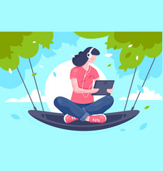 Flat Young Girl With Tablet Headphones At Hammock