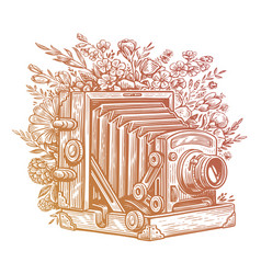 Retro Camera In Flowers And Plants