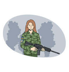 Ukrainian Woman Soldier In Uniform Hold Gun