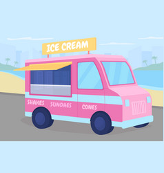 Ice Cream Truck On Beach Flat Color