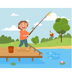 Little Happy Kid Is Fishing On A Pier