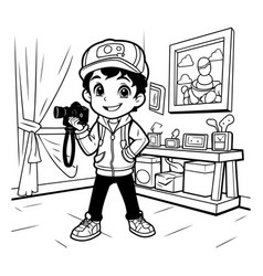 Black And White Cartoon Of Boy Photographer