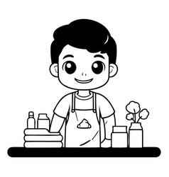 Cute Boy In Apron With Cleaning Products