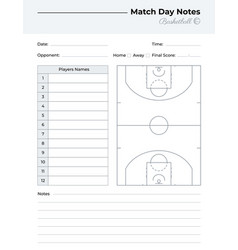 Matchday Notes Log With Basketball Field Diagram