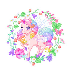 Cute Pink Unicorn With Wings And Summer Flower