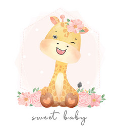 Cute Watercolor Sweet Floral Baby Giraffe