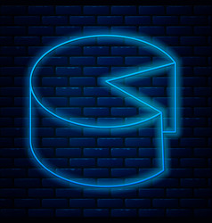 Glowing Neon Line Cheese Icon Isolated On Brick