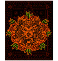 Wolf Head Mandala With Rose Flower