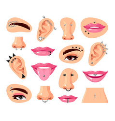 Piercing On Woman Face Body Parts Set Flat