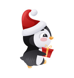 Cute Penguin In Santa Hat Carrying Gift Box