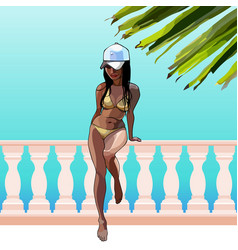 Cartoon Woman In A Swimsuit And A Cap Crouched