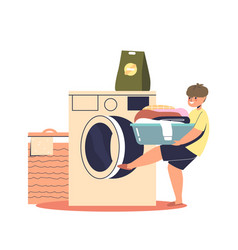 Boy Kid Loading Clothes To Washing Machine Small