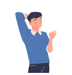 Happy Man Character In Blue Sweater Waving Hand