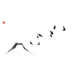 Ink Painting Of Black Flying Birds And Fujiyama