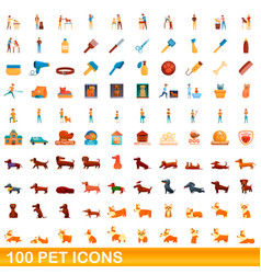 100 Pet Icons Set Cartoon Style