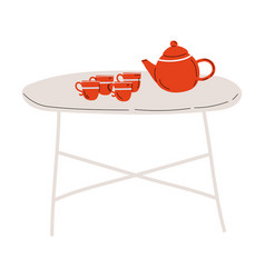 Folding Tea Table With Red Cups And Teapot