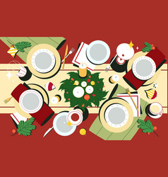 Christmas Table Top View With Plates And Decorated