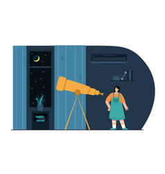 Cartoon Girl Looking Through Telescope In Room