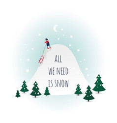 Cute Christmas Card Snow Slide And Baby With Sled