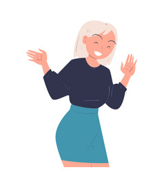 Happy Blond Woman Character Waving Hand And