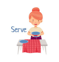 Little Redhead Girl Serving Plates On Dinner Table