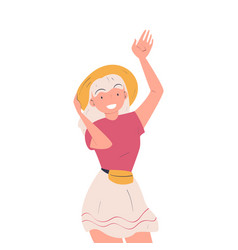 Happy Blond Woman Character In Hat Waving Hand And