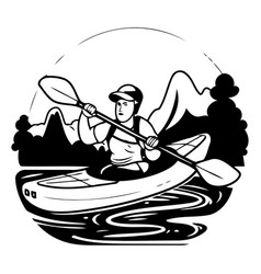 Man Kayaking On The Lake In Cartoon Style