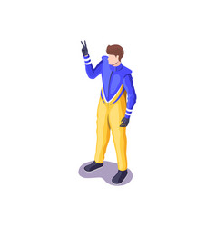 Young Guy Racer In A Blue-yellow Suit In Isometric