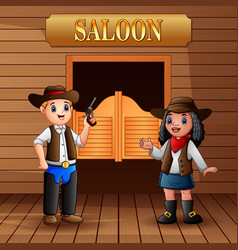 Cowboy And Cowgirl Standing In Front Of Saloon