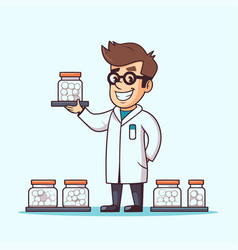 Pharmacist With Pills In His Hand Cartoon