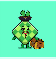 Cute Cartoon Ketupat Pirate With Treasure Box