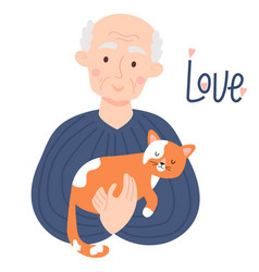 Cute Happy Elderly Man With Sleeping Ginger Cat