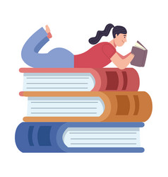 Reader Woman Reading Book Lying Down In Pile Books