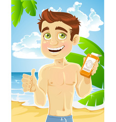 Young Man On Beach With Cream For Sunburn